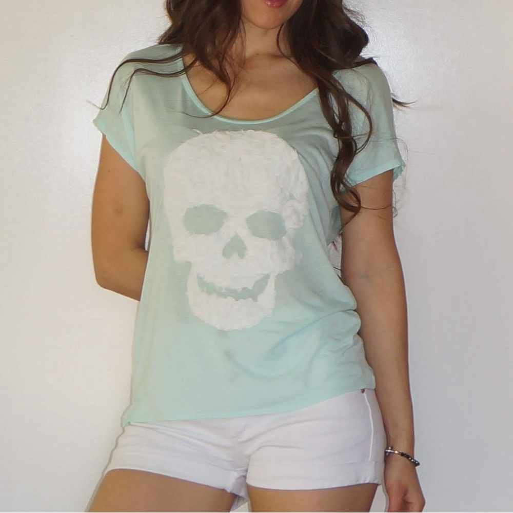 Mint Green Embellished Short Sleeve Shirt With Skull Size S
